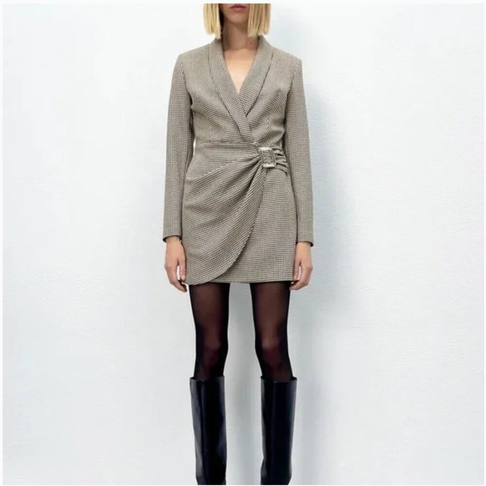 ZARA HOUNDSTOOTH BLAZER DRESS Crystal buckle Size M NEW WITH TAG!